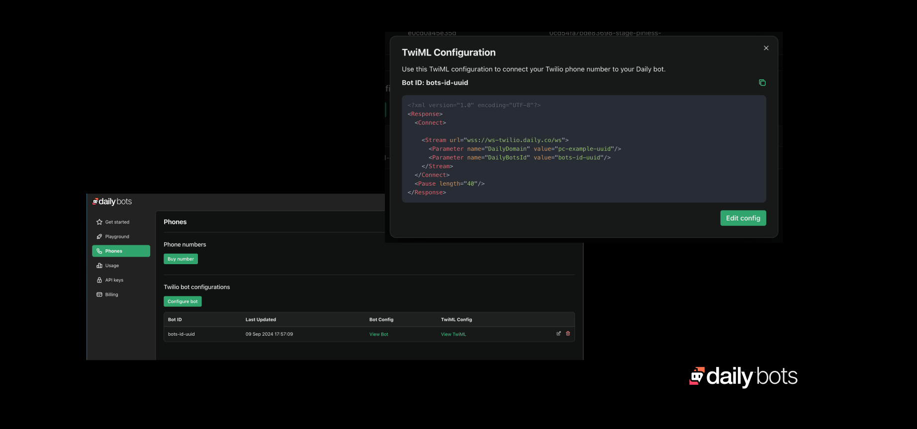 Rectangular image with black background and screenshots of Daily Bots and TwiML configuration