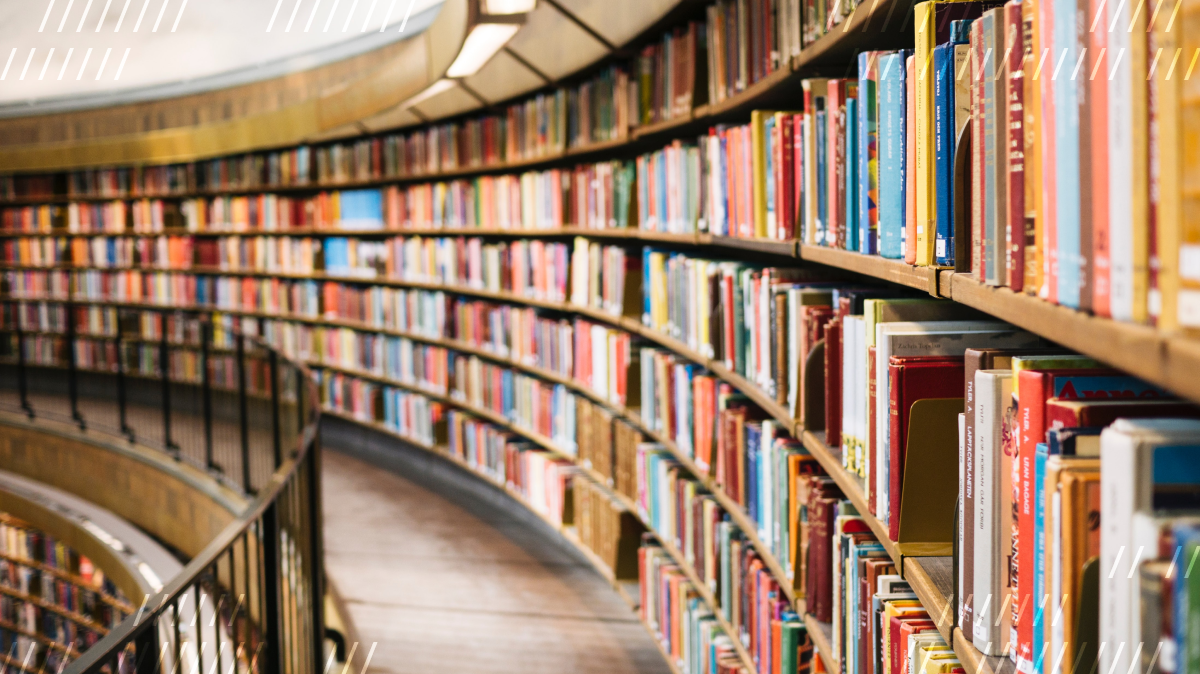 A tier of the Stockholm Public Library, filled with books