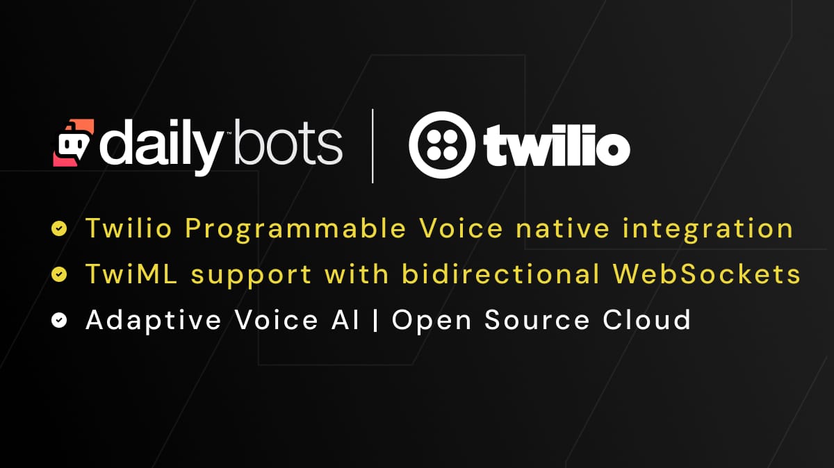 Rectangle with black background and Daily Bots and Twilio logos. 3 bullets beneath the logos lists features